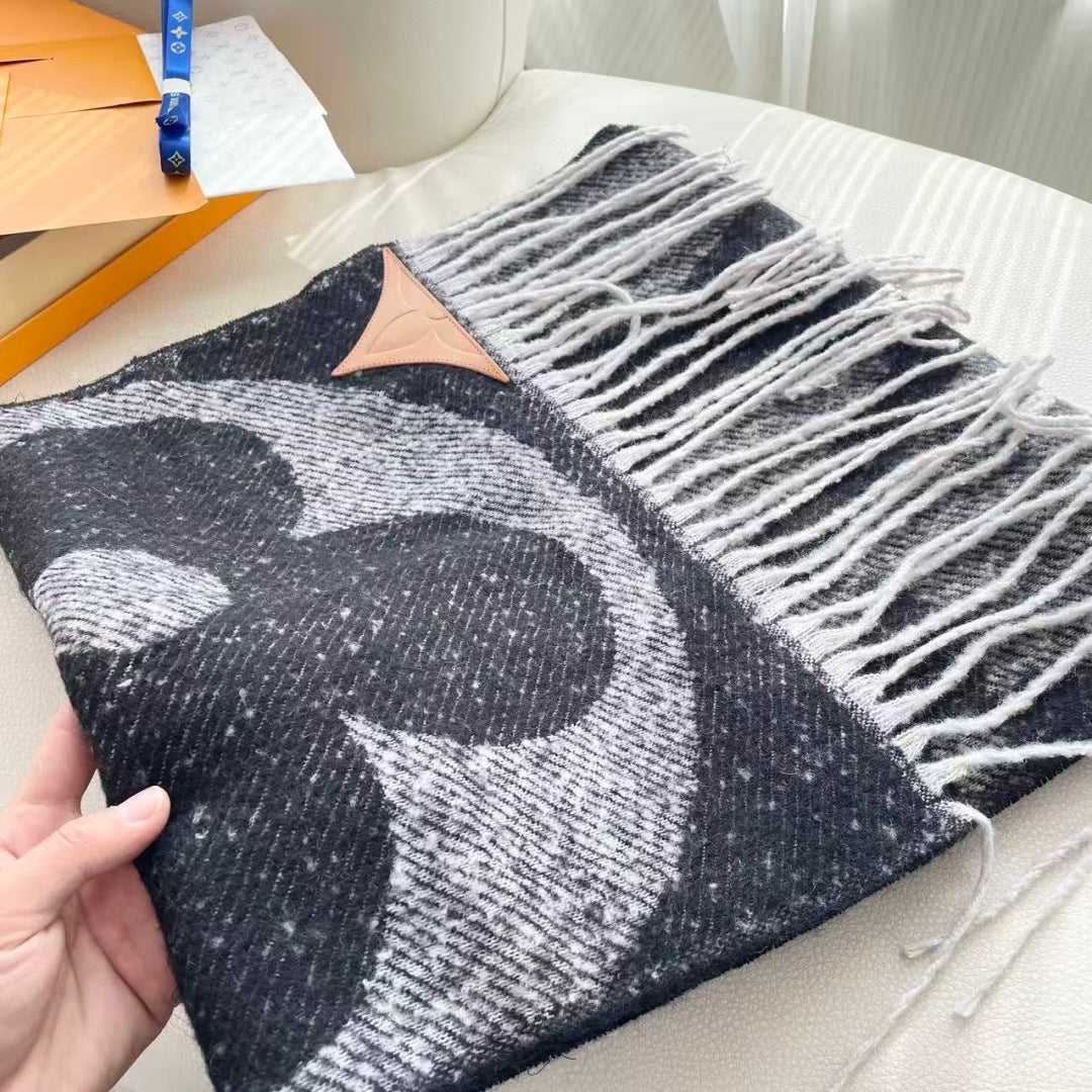 LV Scarf 190cm Black Gray Wool 968486