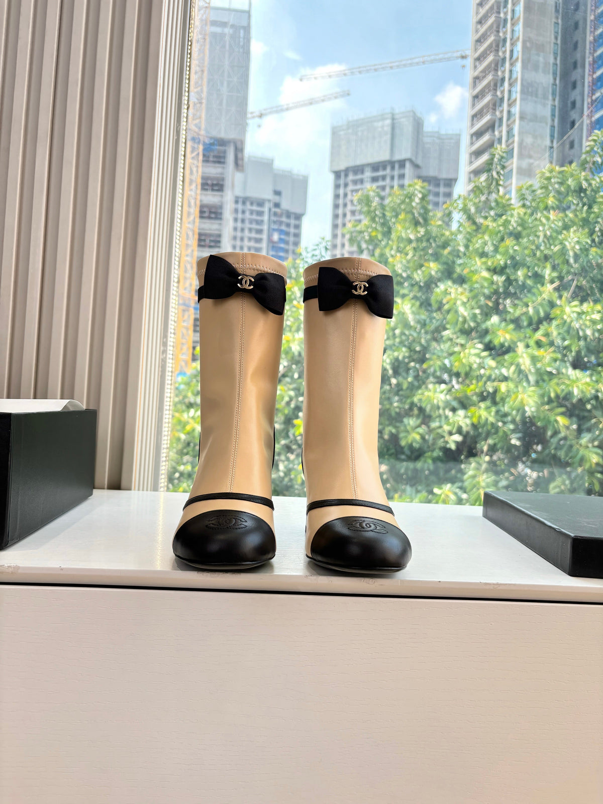 CC 25 Short Boot Beige Calfskin Black Bow 430318