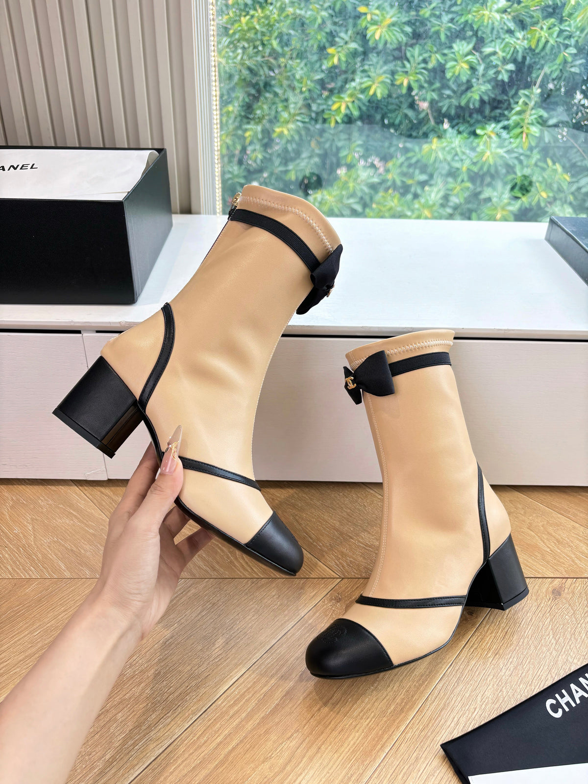 CC 25 Short Boot Beige Calfskin Black Bow 430318