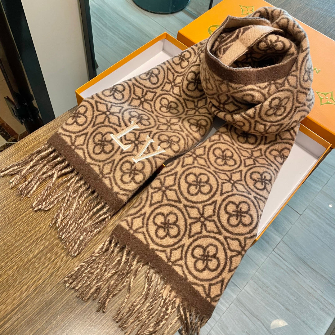 LV  25s Scarf 200cm Brown Beige Woolen 973138