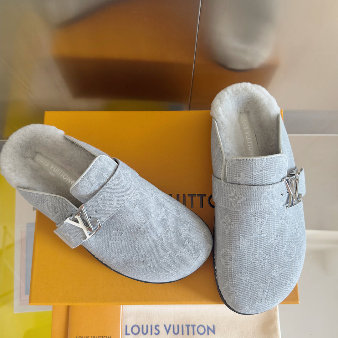 LV 25 Birkenstock Platform Slippers Light Gray Denim Wool 576212