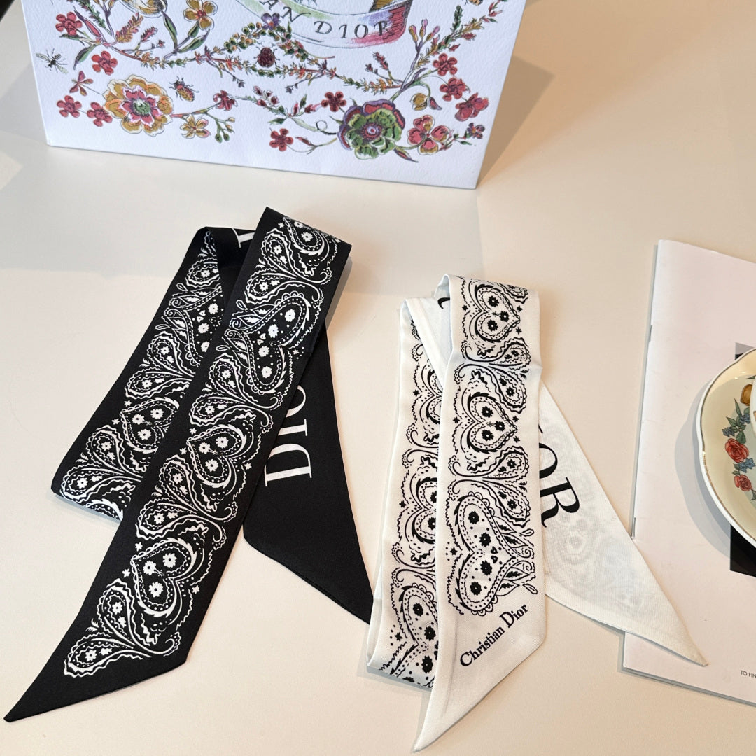 CD Twilly Mini Scarf 105cm Black White Mulberry Silk 968856