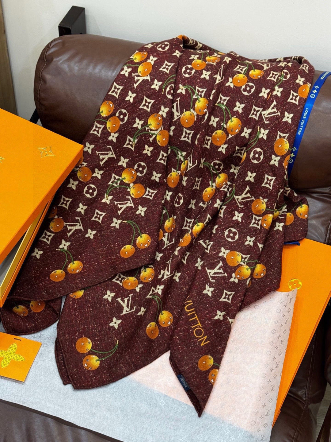LV X TM MONOGRAM Scarf Brown Yellow Silk Cashmere 965427