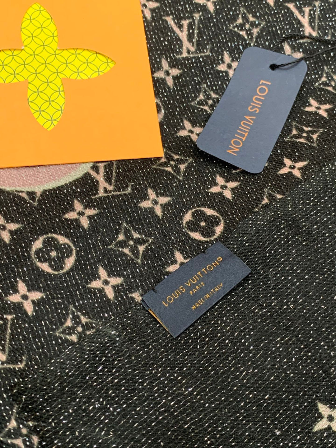LV Monogram Scarf 200cm Black Blue Cashmere 969188