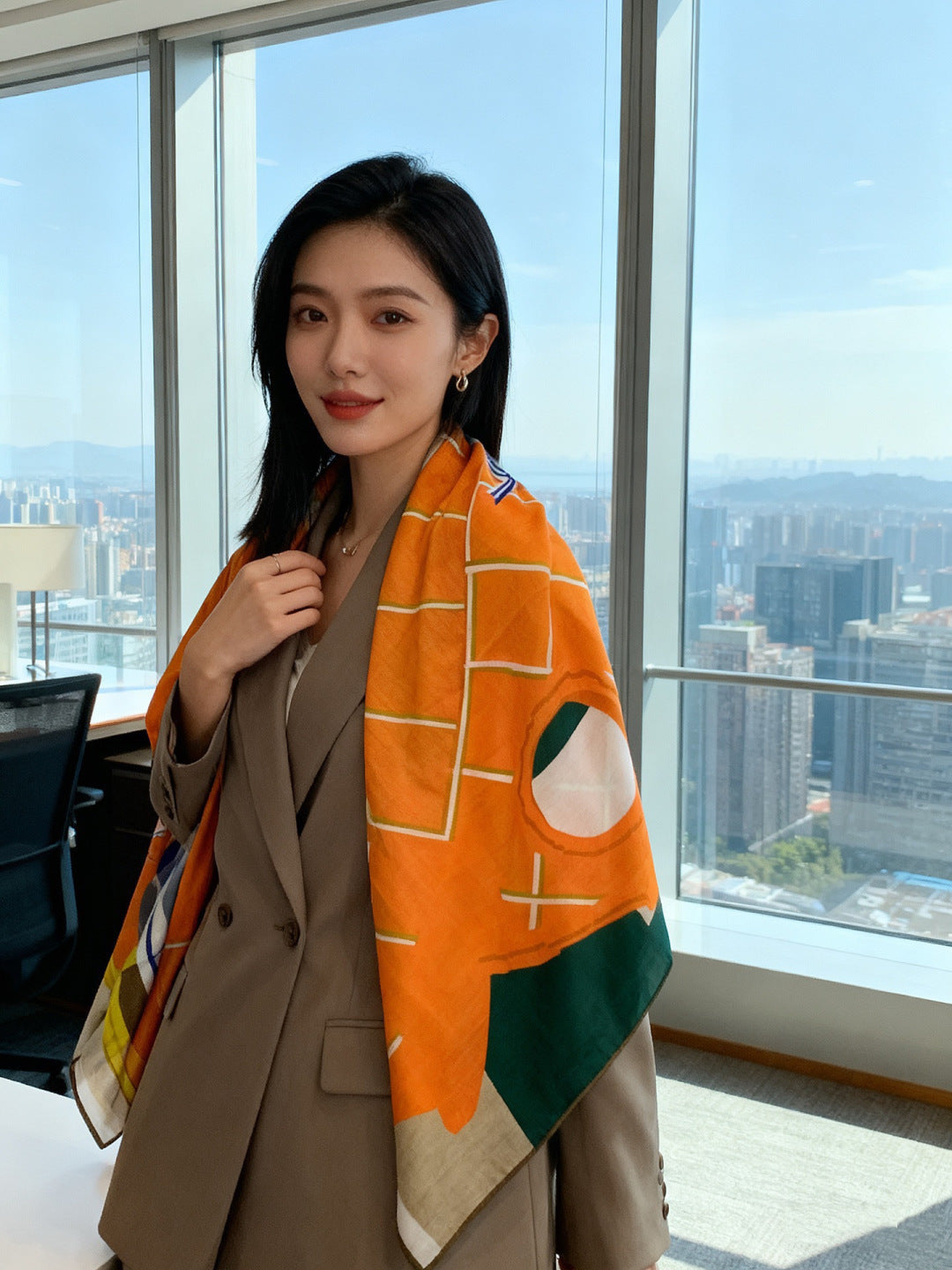 HM 25s Checkered Horse Scarf 140cm Orange Yellow Cashmere Silk 970932