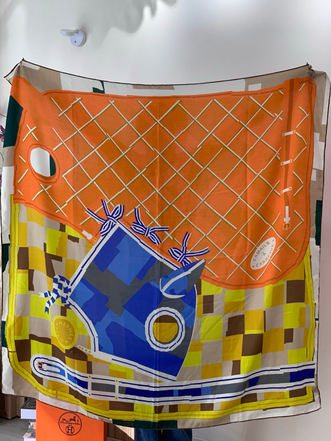 HM 25s Checkered Horse Scarf 140cm Orange Yellow Cashmere Silk 970932