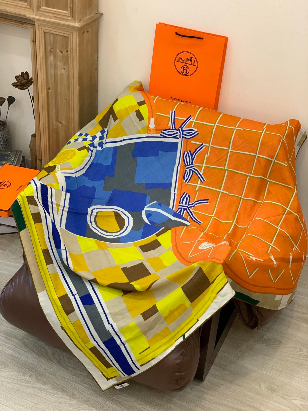 HM 25s Checkered Horse Scarf 140cm Orange Yellow Cashmere Silk 970932