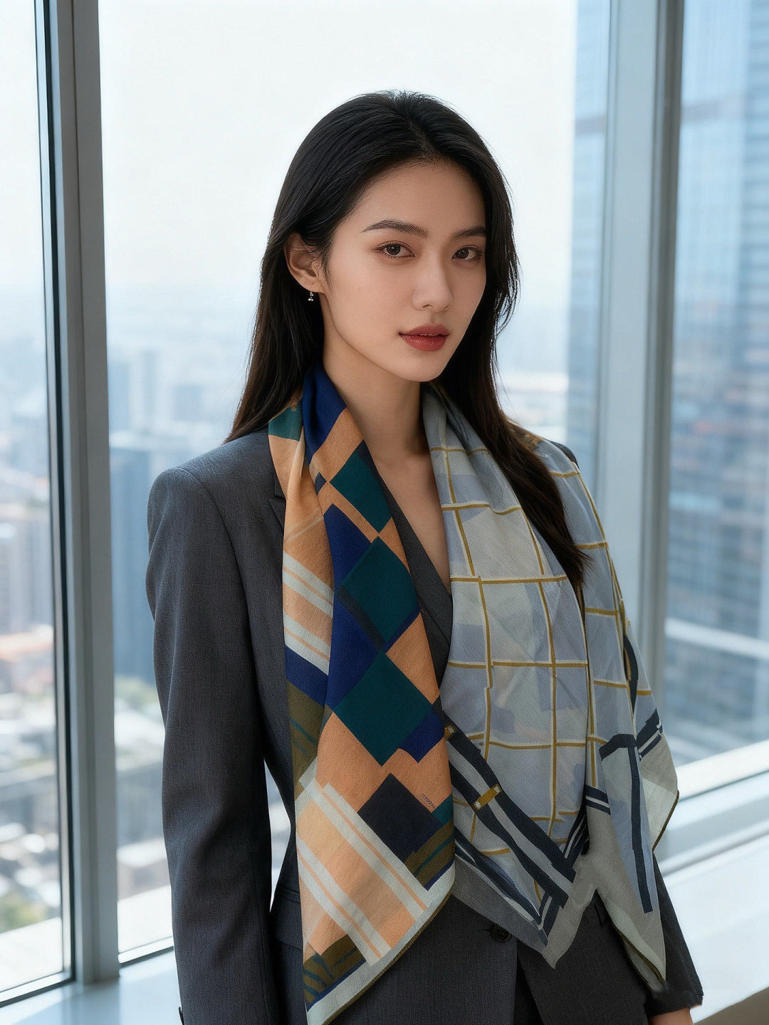 HM 25s Checkered Horse Scarf 140cm Blue Brown Cashmere Silk 970935