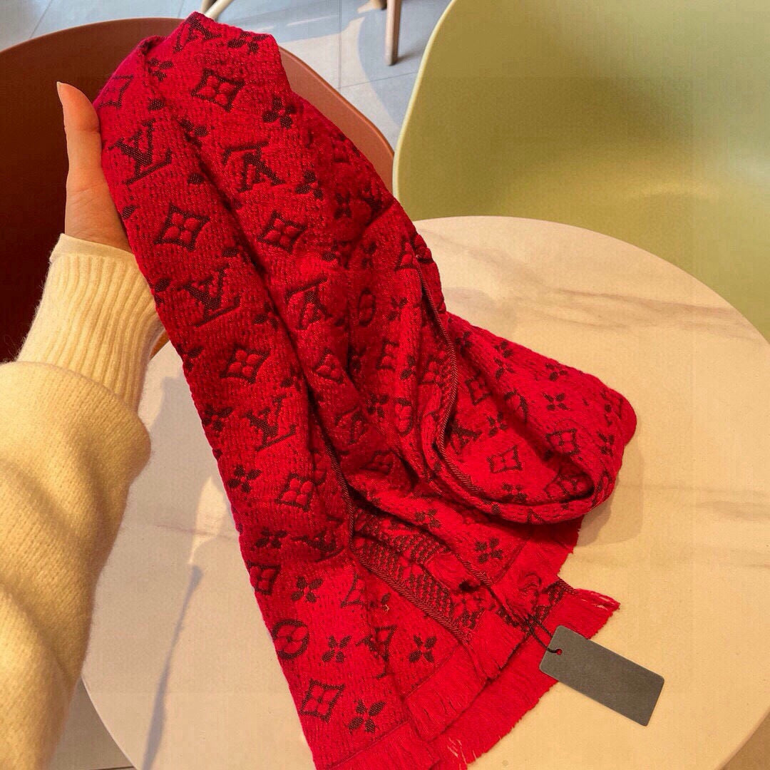 LV Scarf 180cm Red Black Cashmere 973413