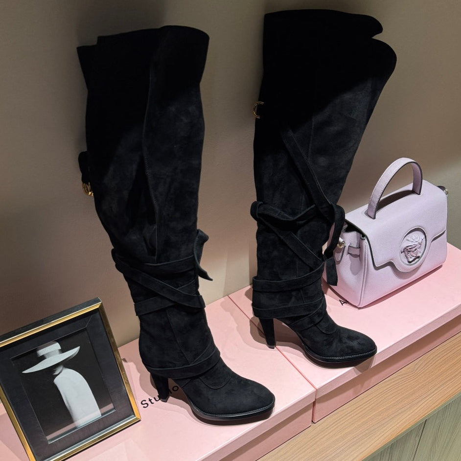 YSL 2025 Round-toe Straight-leg Martin Boot Black Suede 574007