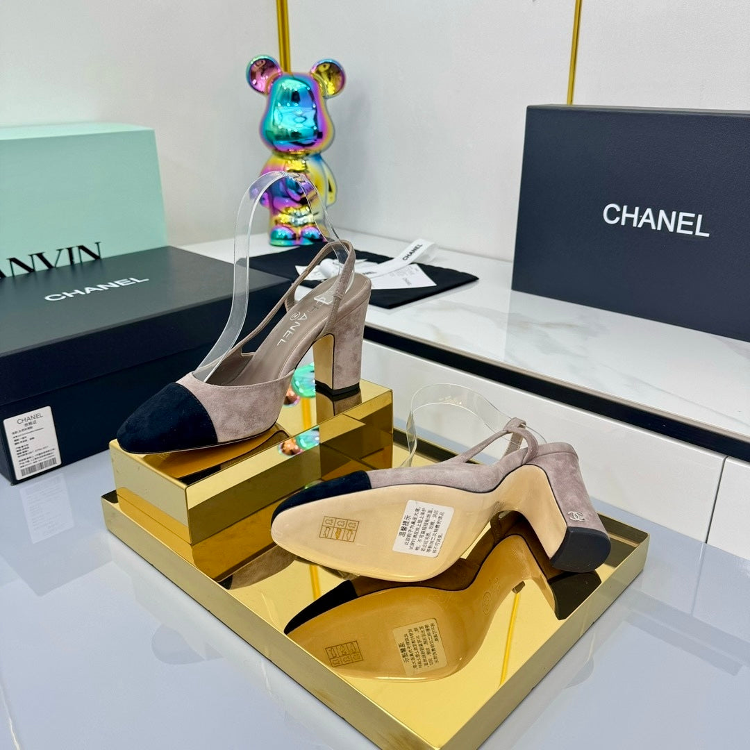 Chanel Slingback 90mm Grey Black Suede 469670