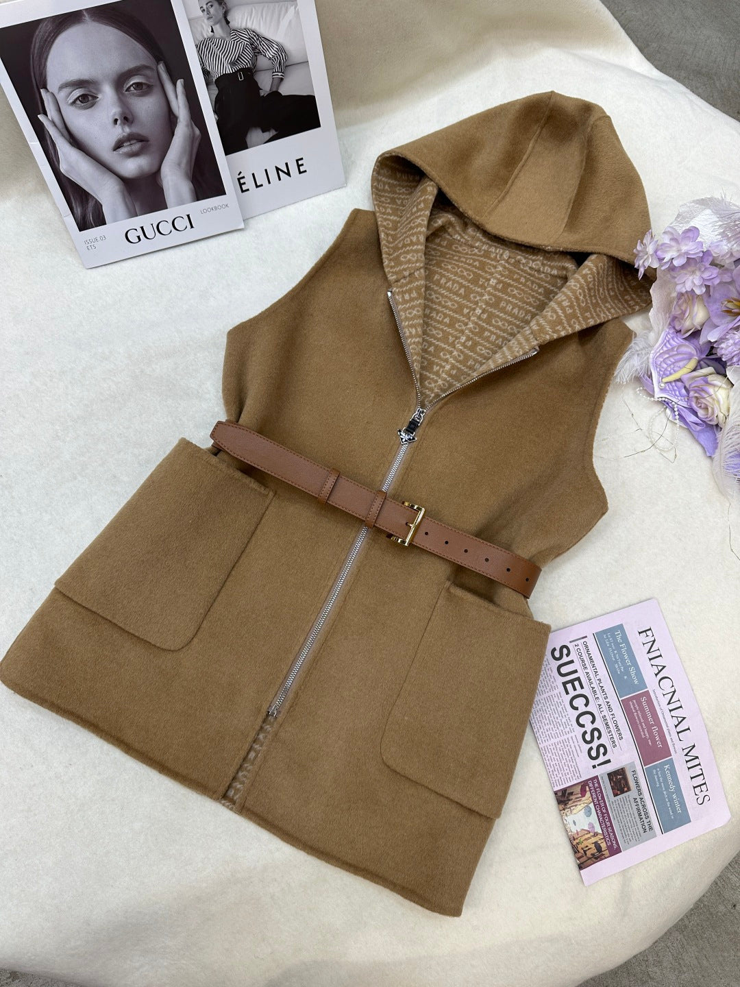 Prada 25 Hooded Vest Camel Wool 637341