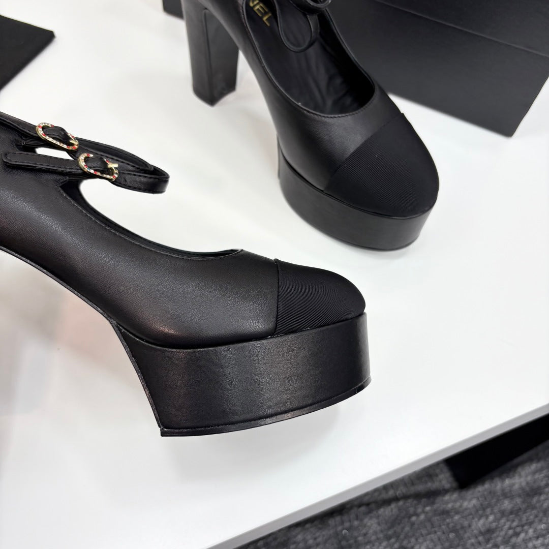 CC 25S Mary Jane Platform 11cm Black Calfskin Grosgrain