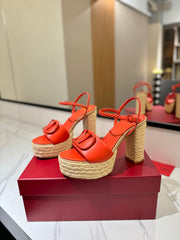 VT Espadrilles Platform Sandals Orange Calfskin 369494