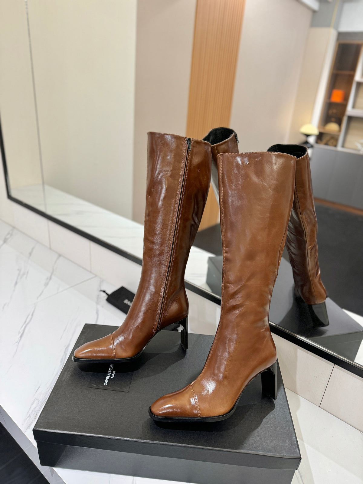YSL 25 Zipper Sleeve Boot Brown Cowhide 520789