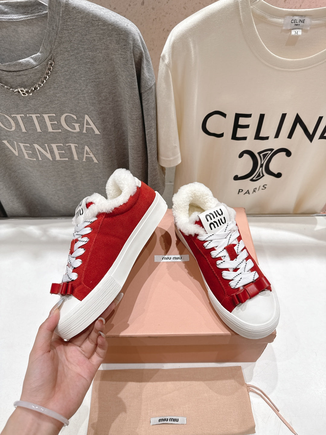 MiuMiu 25 Sneaker Red White Suede Cowhide Fur 535585
