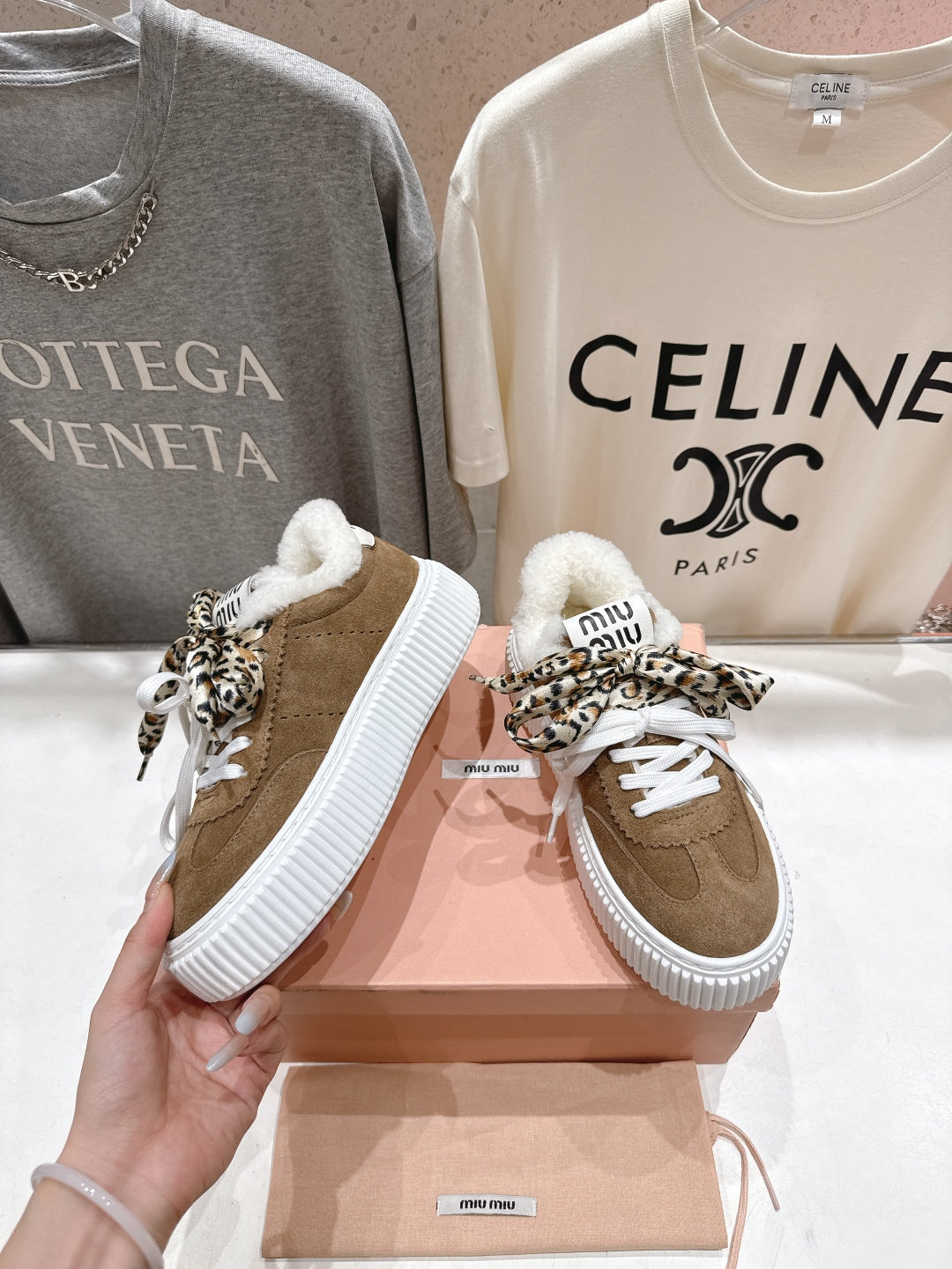 MiuMiu 25 Sneaker Brown White Leopard Suede Wool 535581