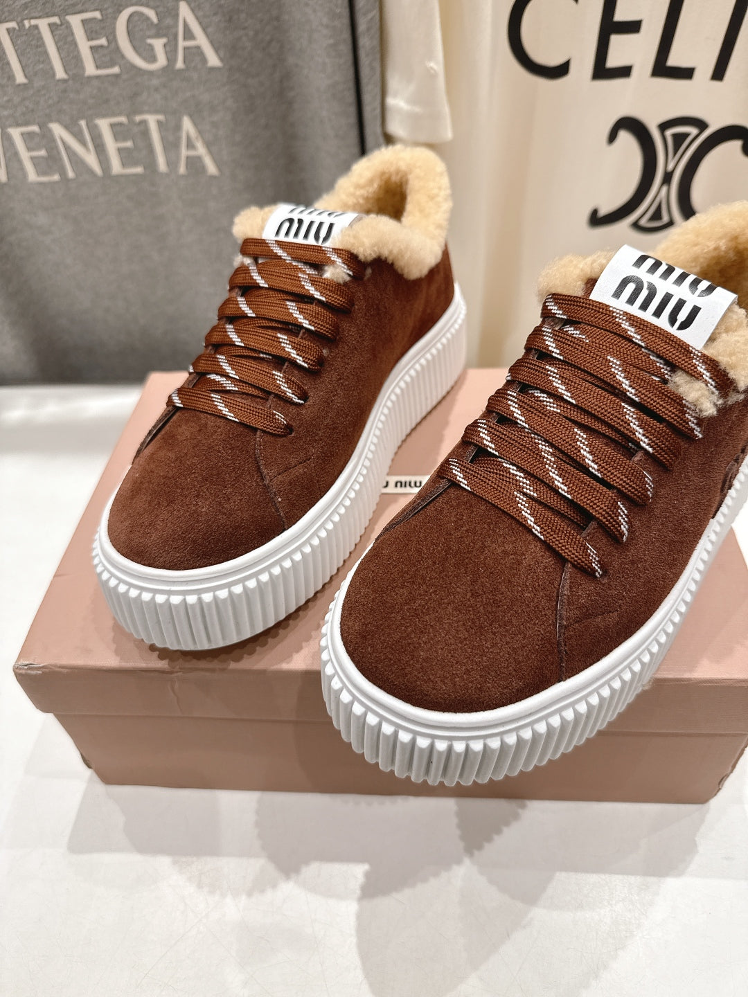 MiuMiu 25 Sneaker Brown  Beige Suede Fur 535589
