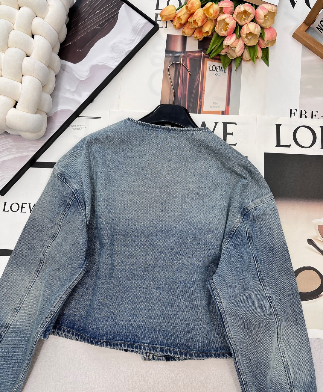 Prada 2025 Three-button Triangle Logo Denim Cropped Jacket Blue Cotton