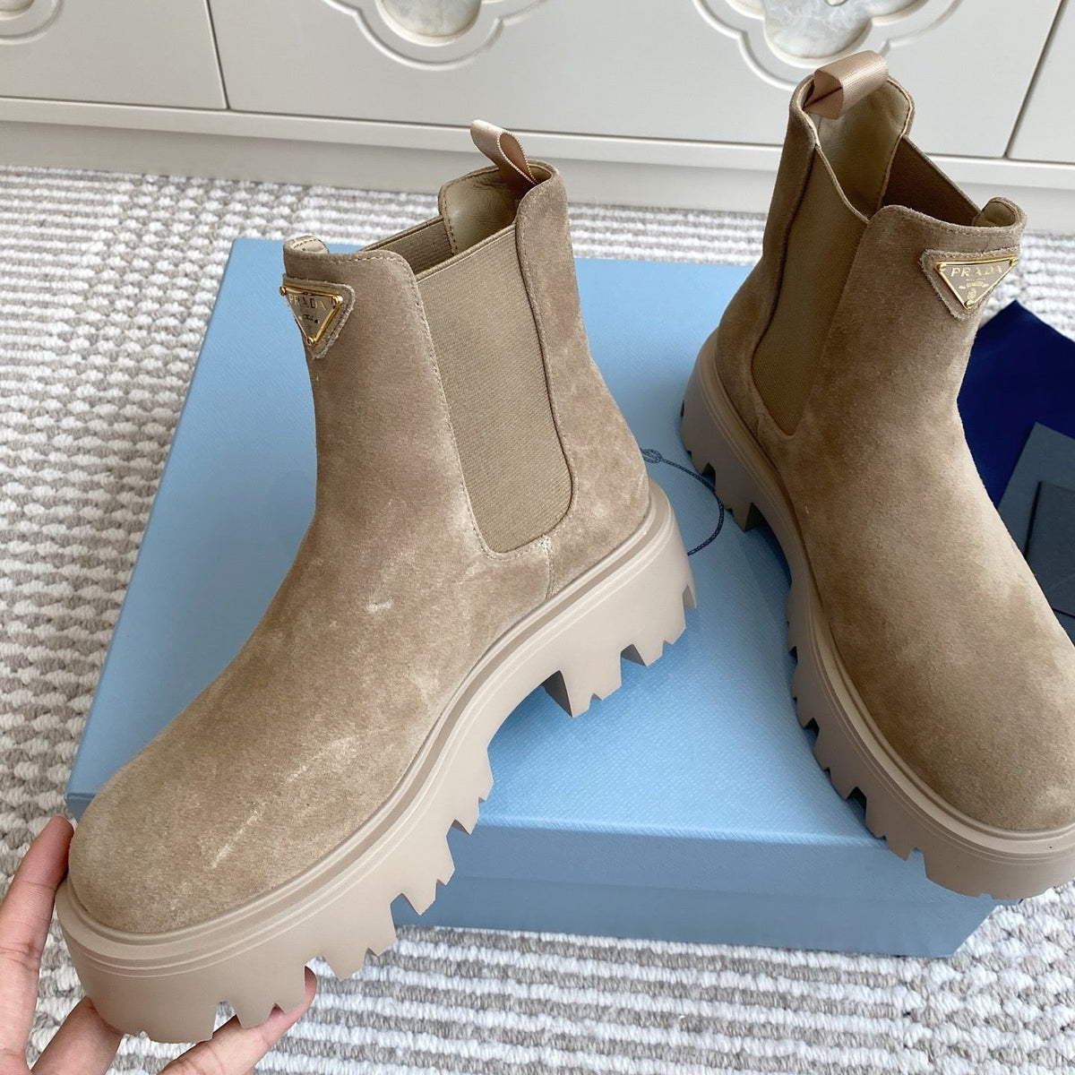 Prada 25 Chelsea Boot Beige Suede Cowhide 501437