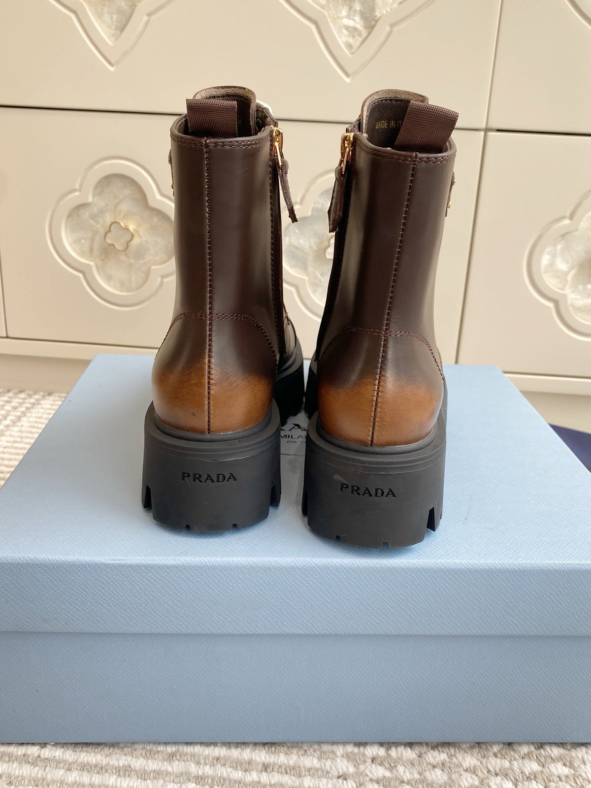 Prada 25 Martin Boot Brown Black Cowhide 501443