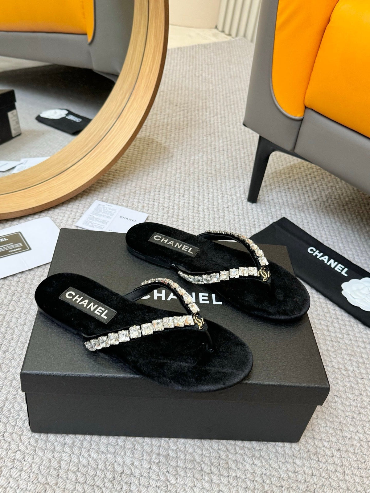 CC Diamond Thong Slippers Black Cloth 305866