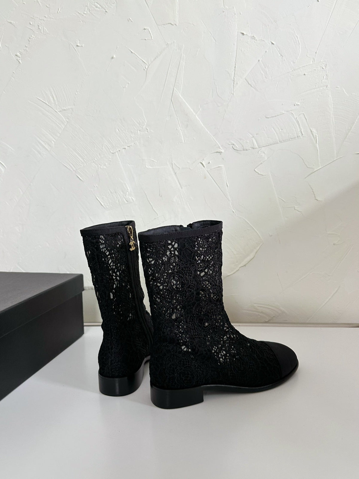 CC Boots Flower Black Lace Mesh Grosgrain