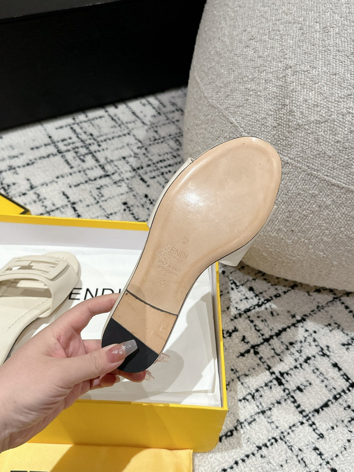 FF Baguette Ivory Leather Slide