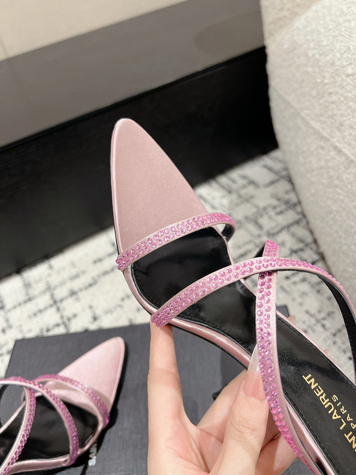 HIGH CRYSTAL STRAP SANDALS IN LIGHT PINK SILK