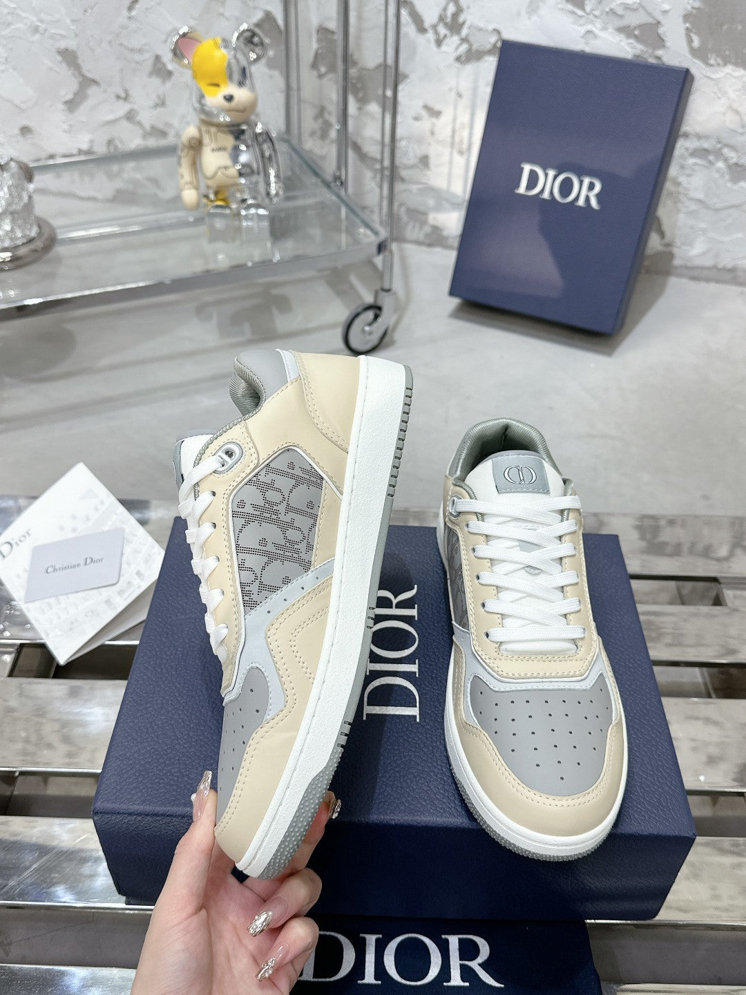 CD B27 Low-Top Sneaker 30mm In Beige Grey Monogram Calfskin 100811