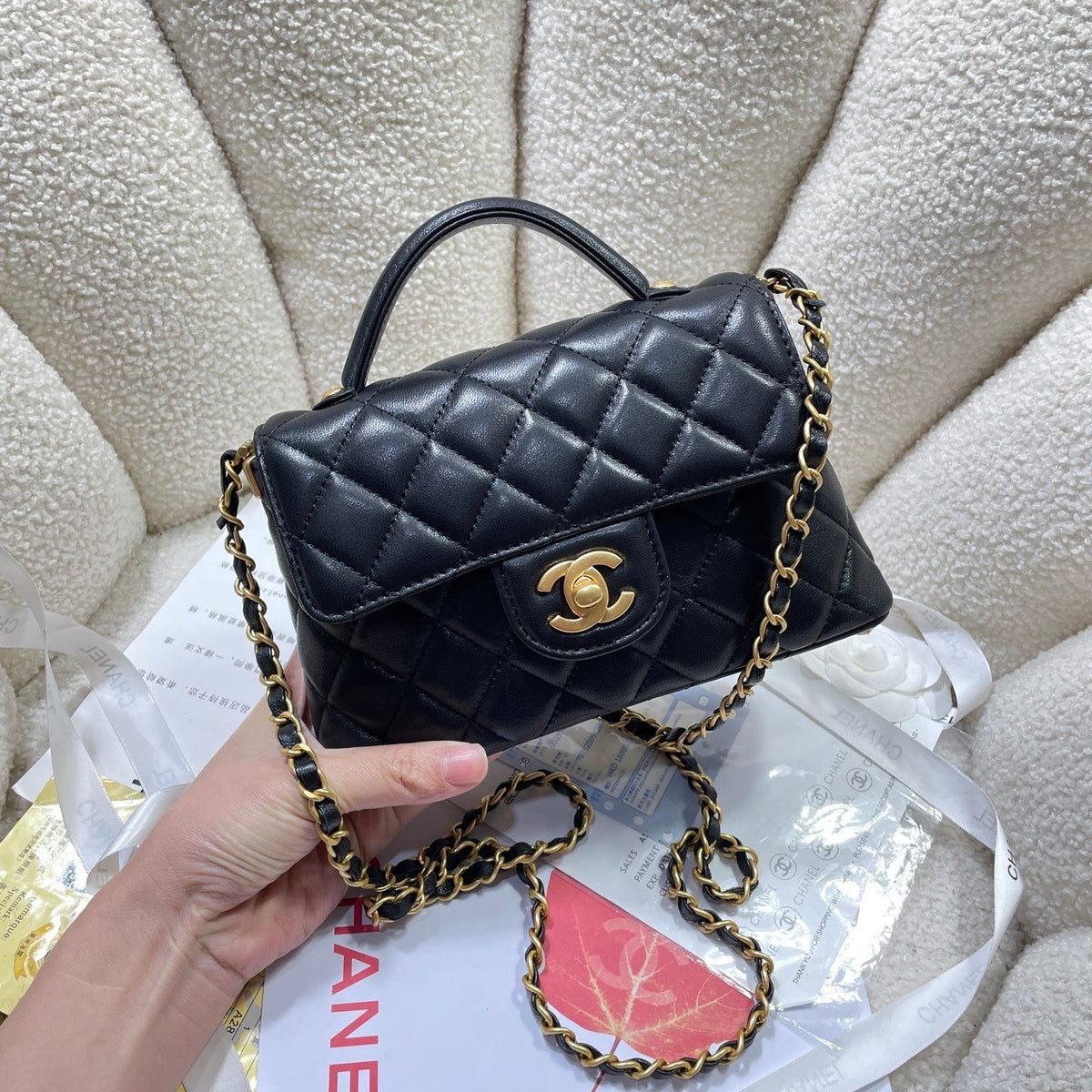 CC 25P Mini Flap Bag 20cm Top Handle Black Calfskin Gold Hardware