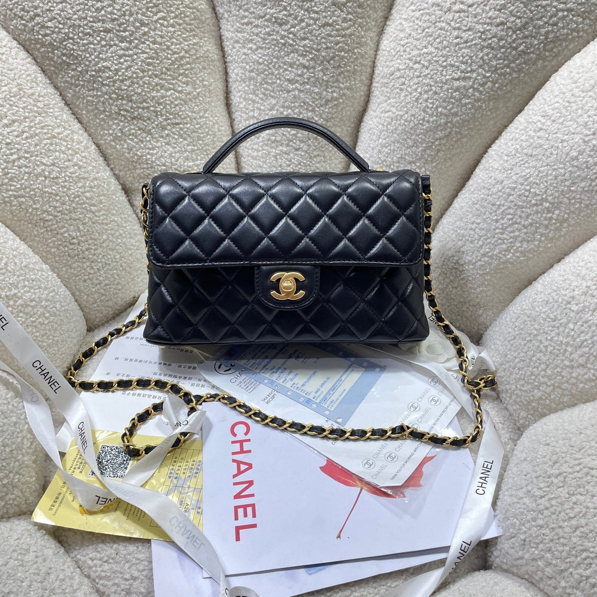 CC 25P Medium Flap Bag 25cm Top Handle Black Calfskin Gold Hardware