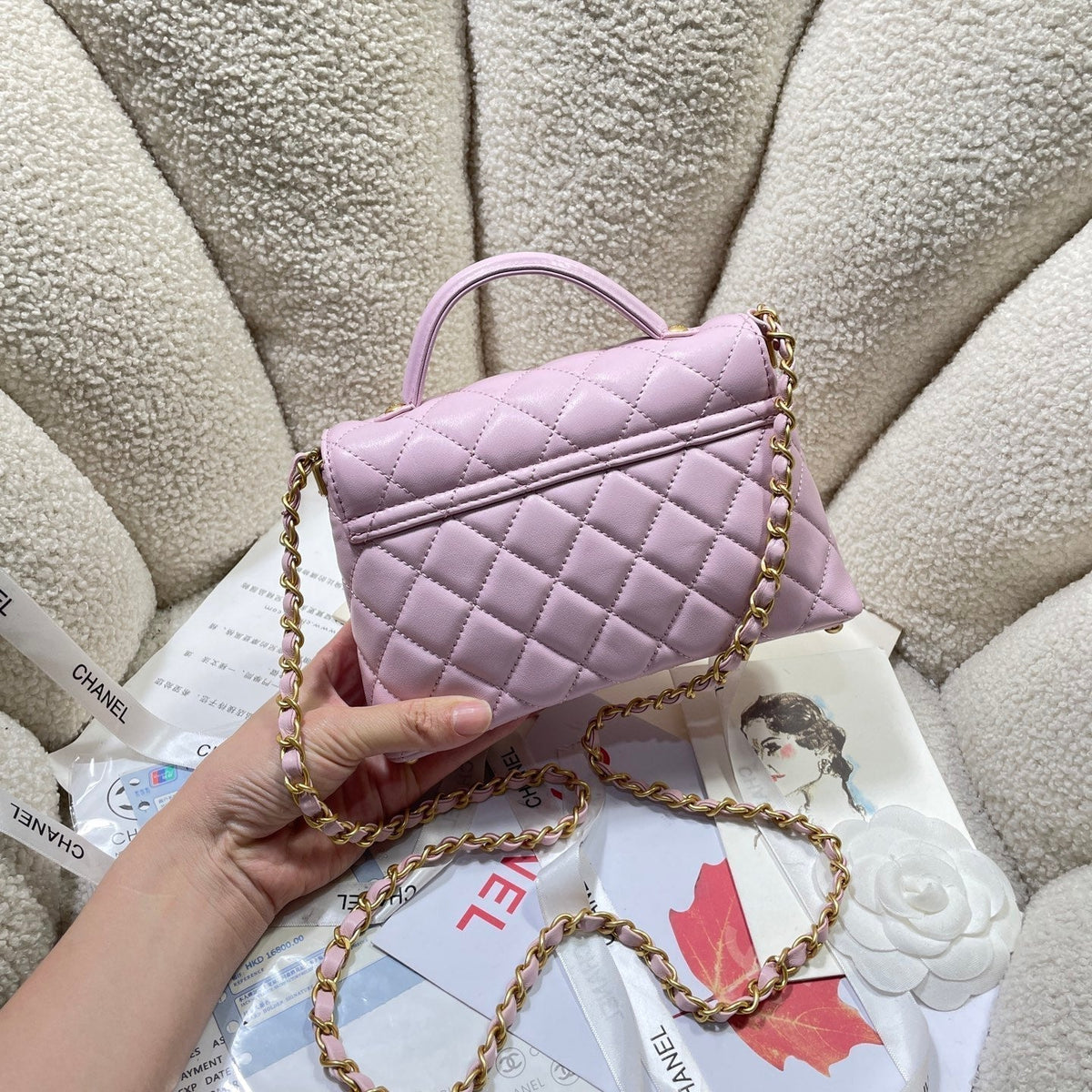 CC 25P Mini Flap Bag 20cm Top Handle Pink Calfskin Gold Hardware