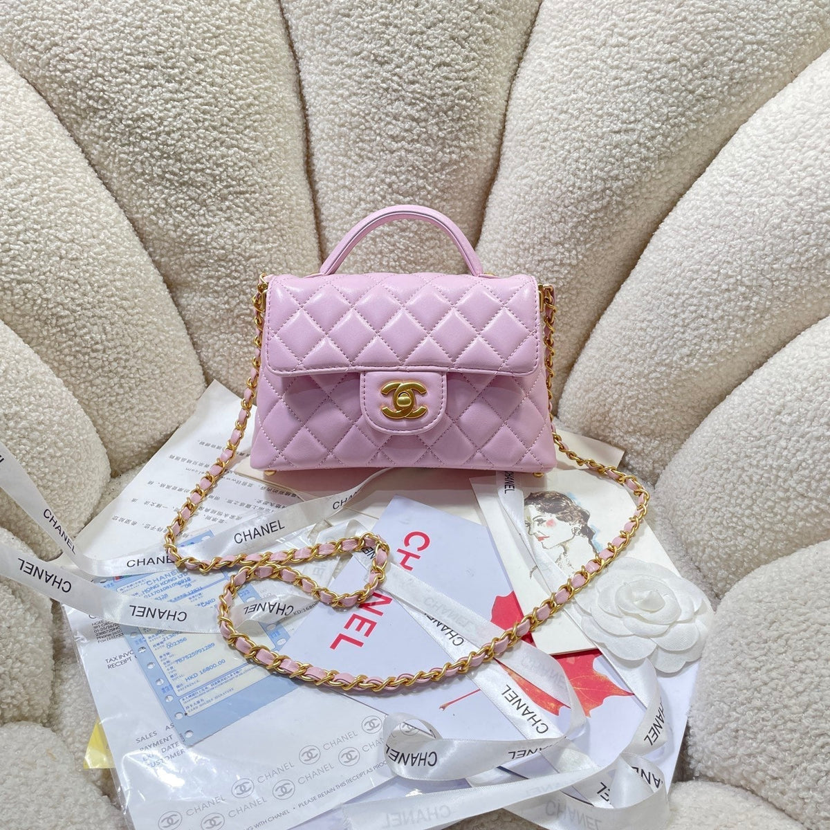 CC 25P Mini Flap Bag 20cm Top Handle Pink Calfskin Gold Hardware