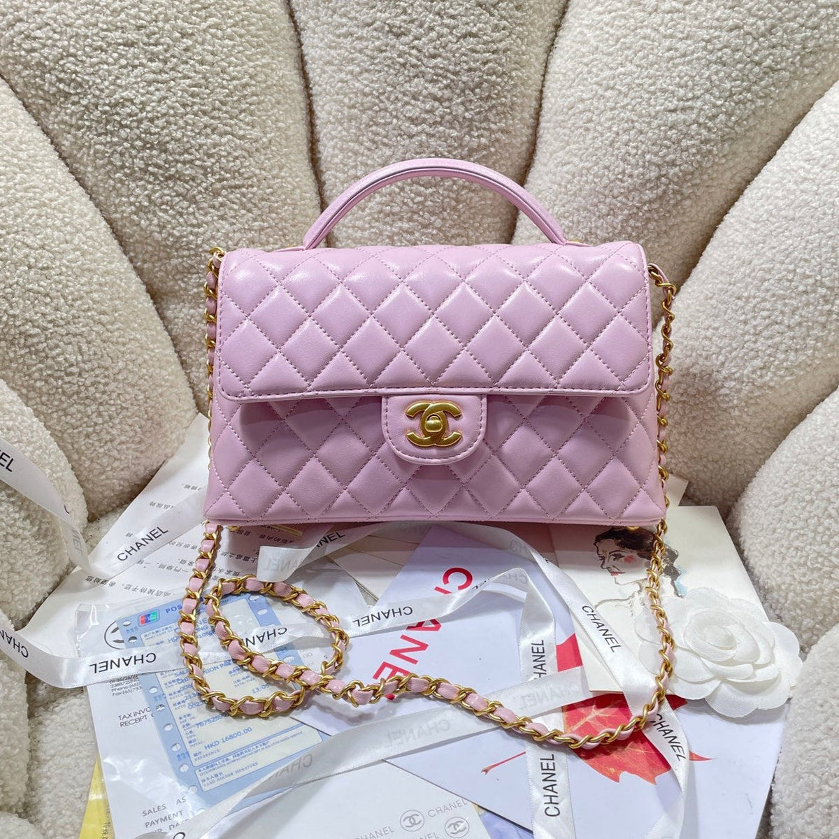 CC 25P Medium Flap Bag 25cm Top Handle Pink Calfskin Gold Hardware