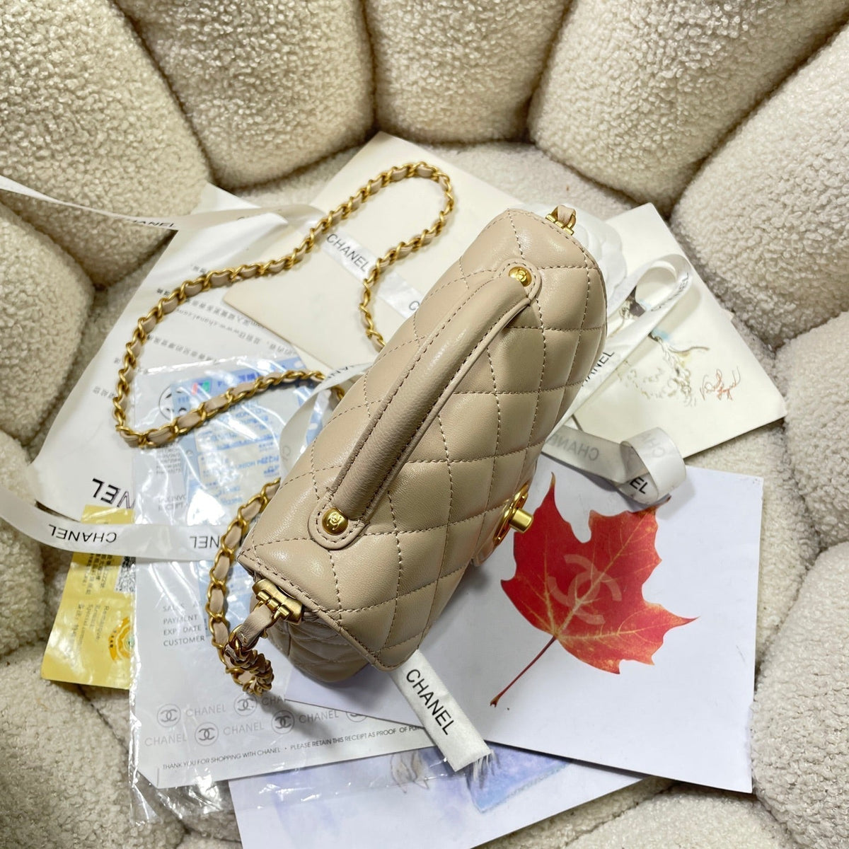 CC 25P Mini Flap Bag 20cm Top Handle Beige Calfskin Gold Hardware