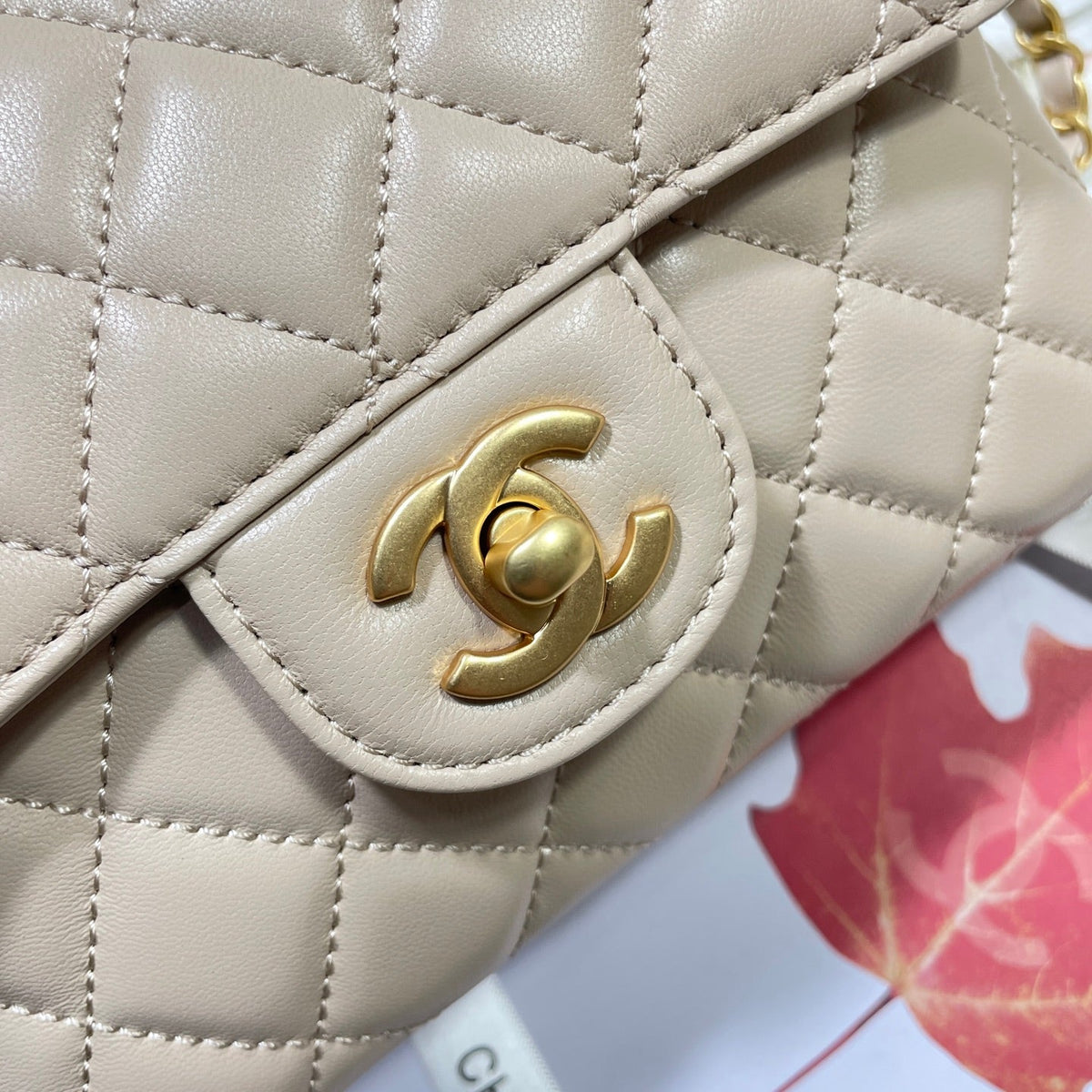 CC 25P Mini Flap Bag 20cm Top Handle Beige Calfskin Gold Hardware