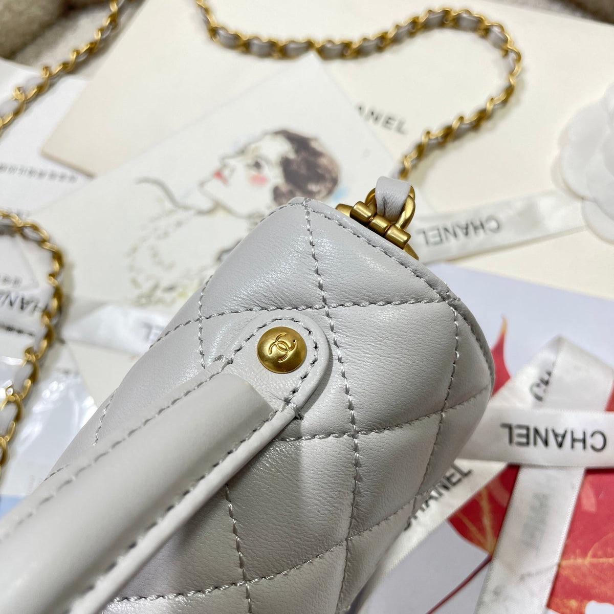 CC 25P Mini Flap Bag 22cm Top Handle Grey Calfskin Gold Hardware
