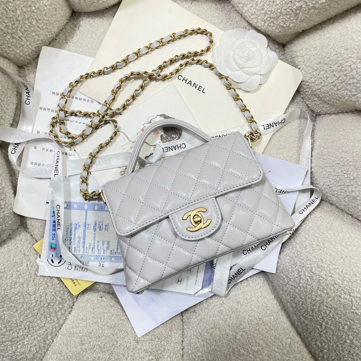 CC 25P Mini Flap Bag 20cm Top Handle Grey Calfskin Gold Hardware