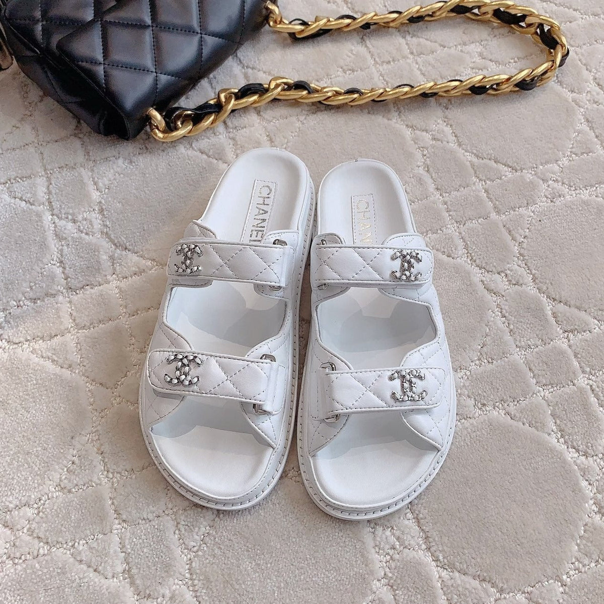 dad sandal mule white lambskin silver buckle