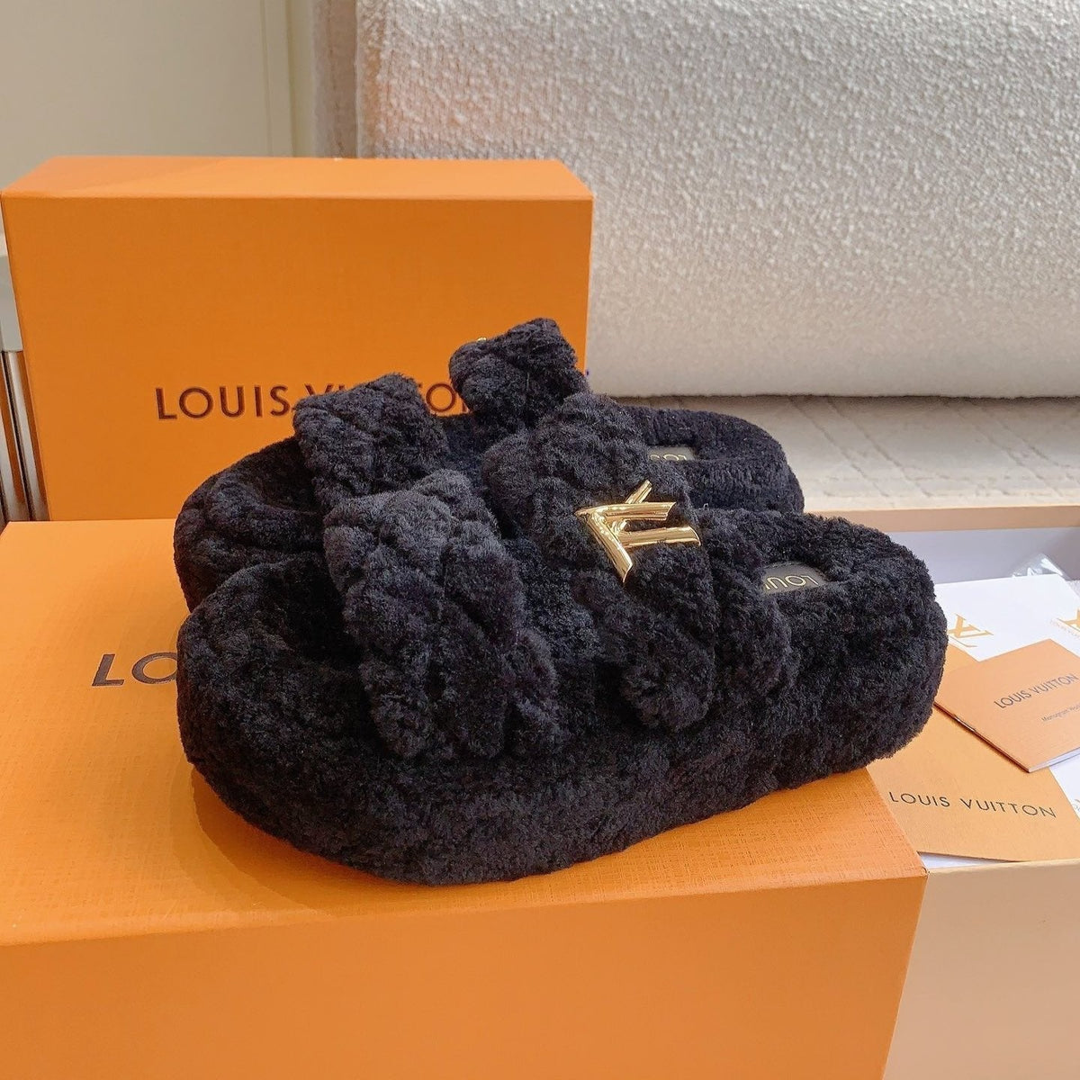 LV Sunset Platform Comfort Mule Black Gray Wool