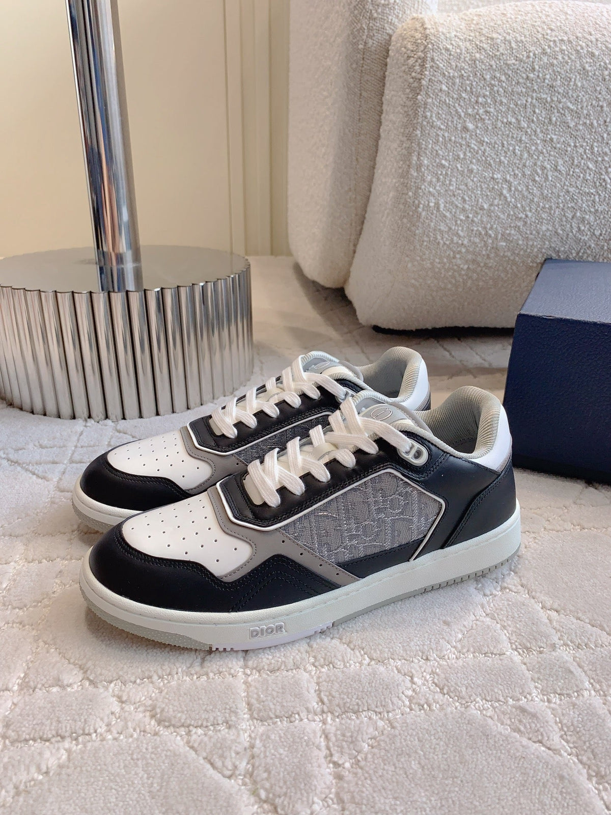 CD B27 Low-Top Sneaker Black Grey Mix White Calfskin And Oblique Jacquard Fabric