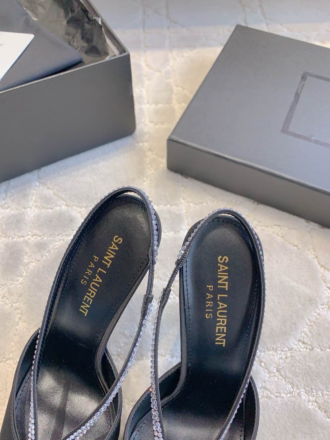AMANDA SLINGBACK PUMPS IN BLACK SILK WITH RHINESTONES