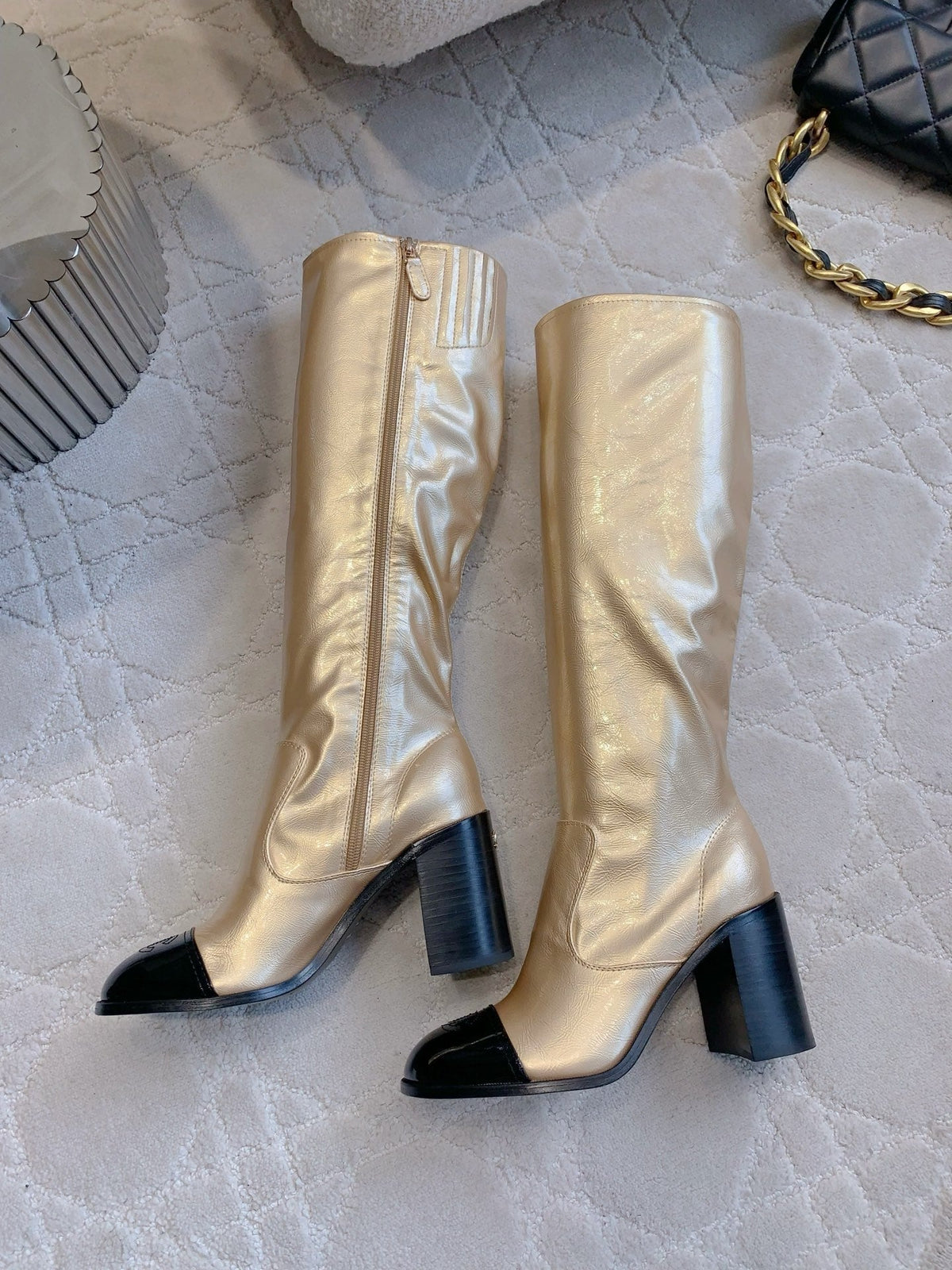 CC 25 Heeled Long Boot Light Gold mix Black Patent Leather 516681