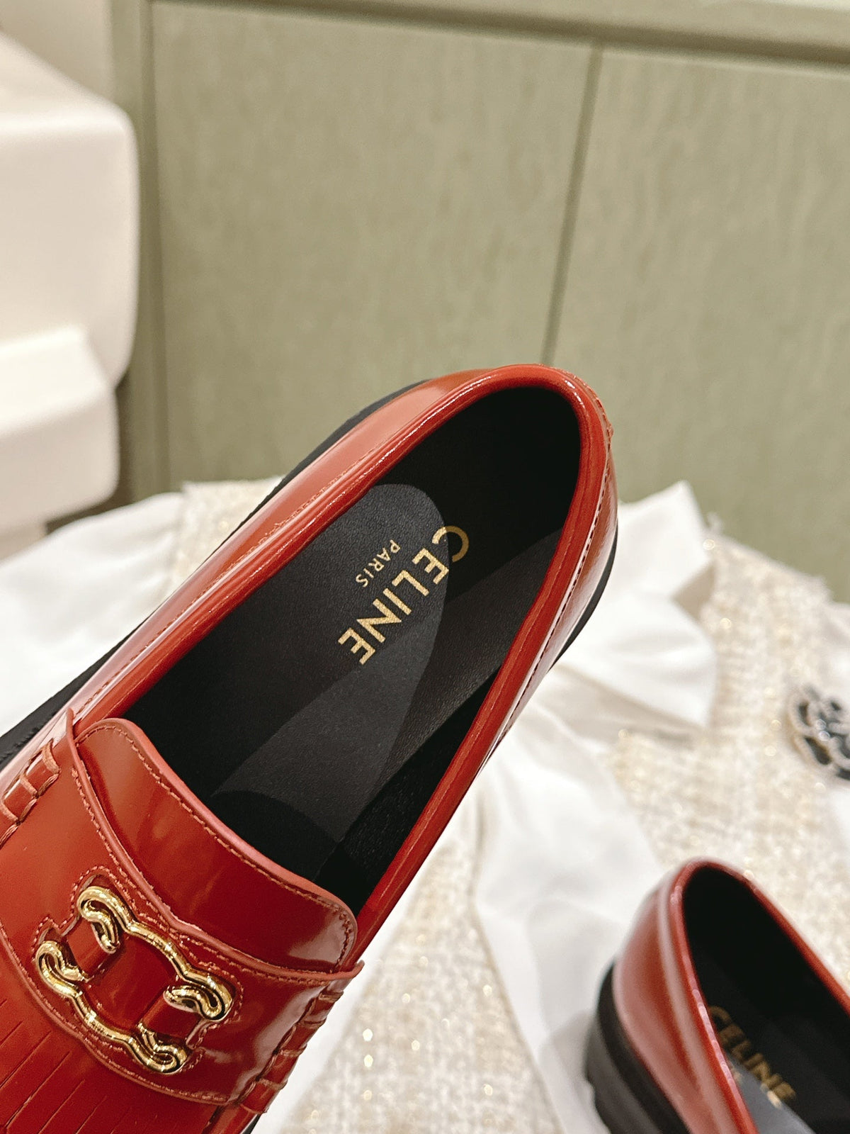 Celine 2026 Platform Tassel Loafers Red Patent Leather 654881