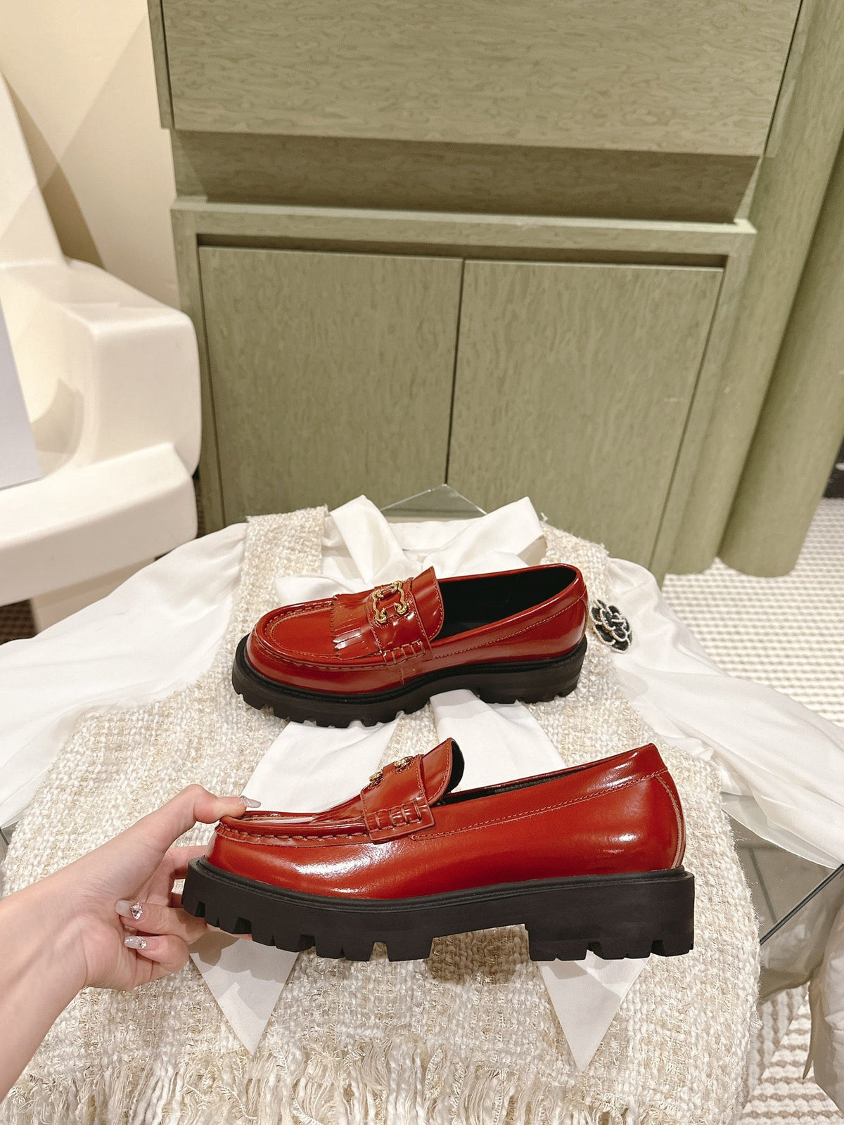 Celine 2026 Platform Tassel Loafers Red Patent Leather 654881