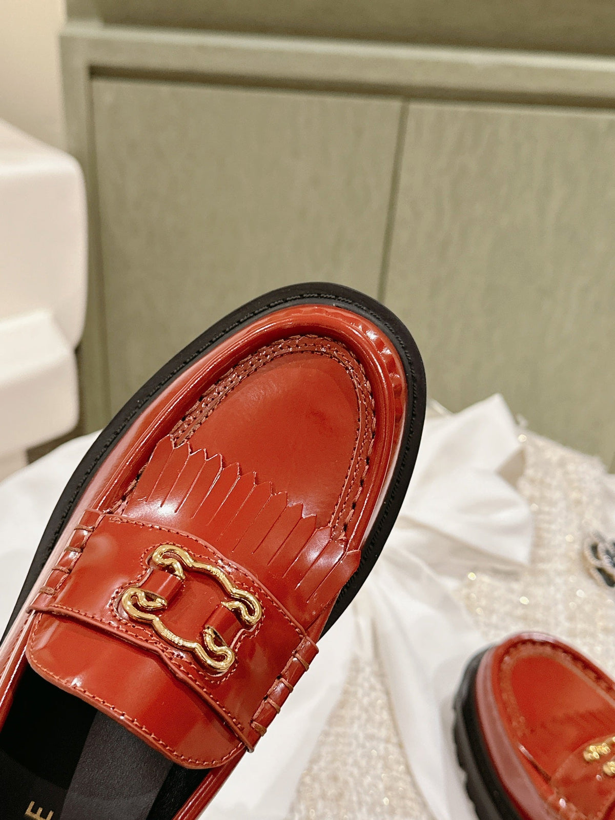 Celine 2026 Platform Tassel Loafers Red Patent Leather 654881