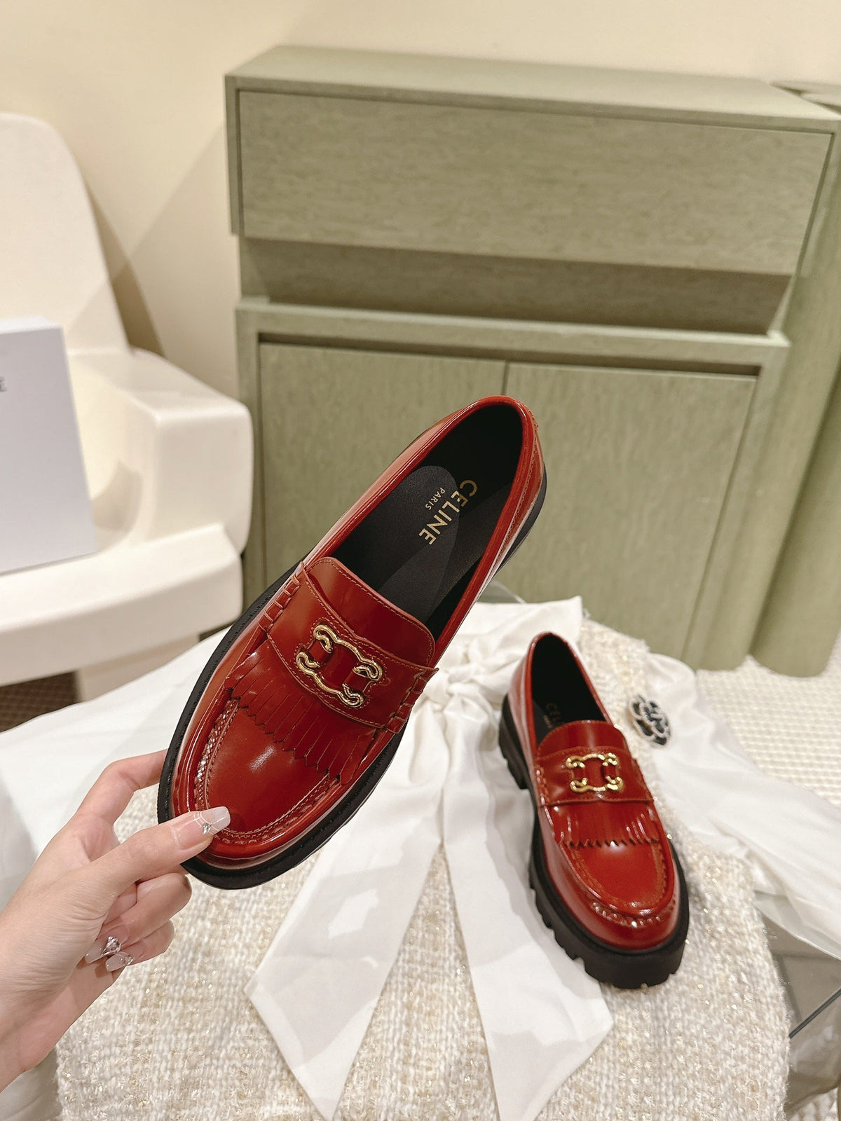 Celine 2026 Platform Tassel Loafers Red Patent Leather 654881