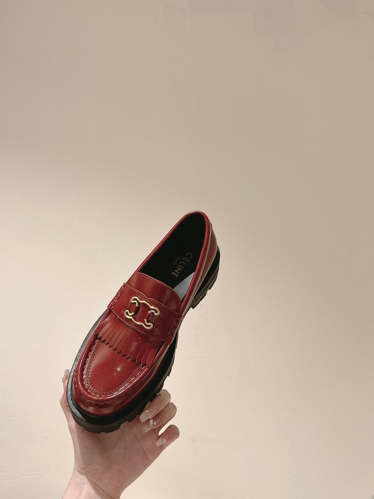 Celine 2026 Platform Tassel Loafers Red Patent Leather 654881