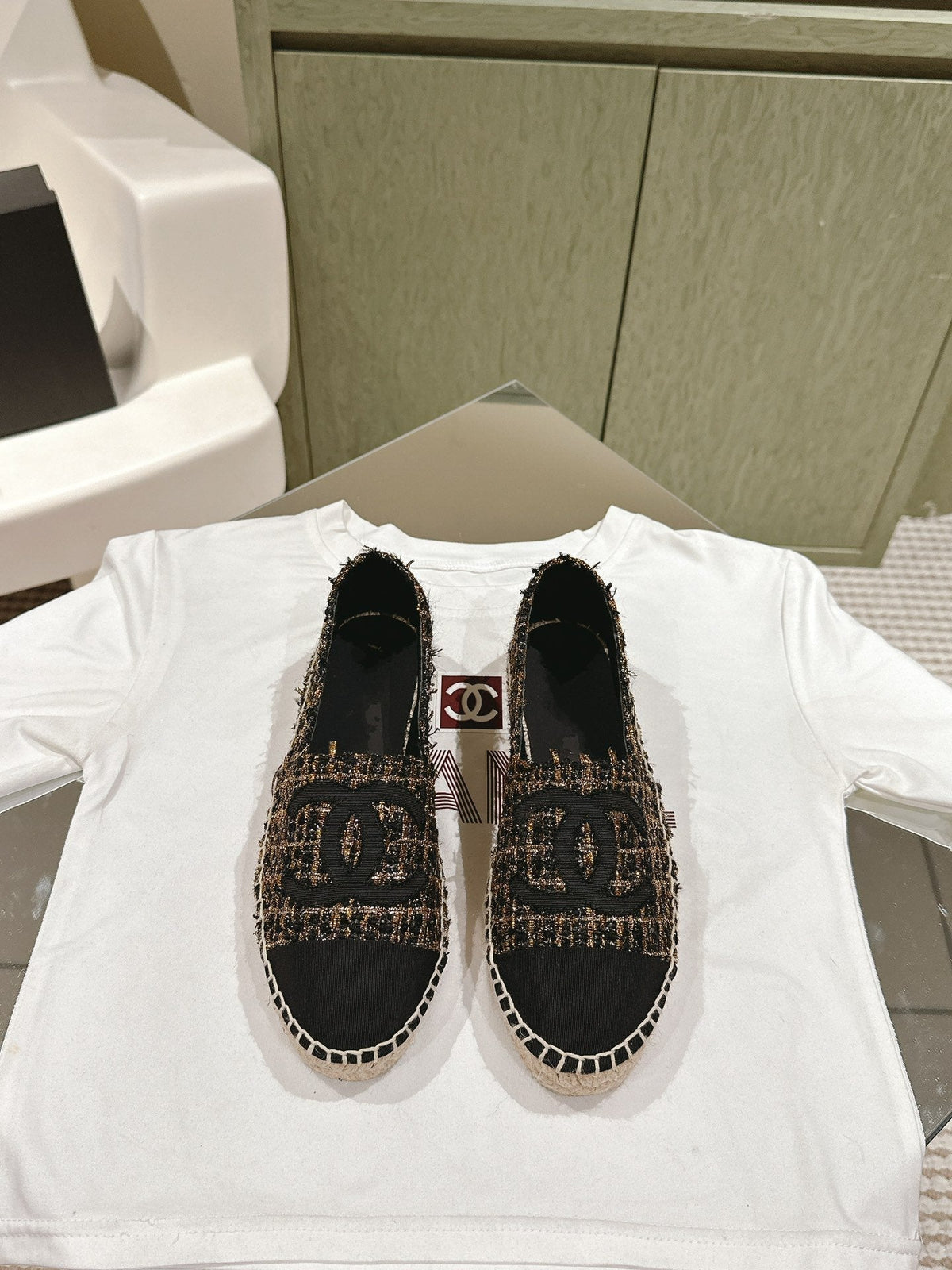 espadrilees black gold tweed canvas